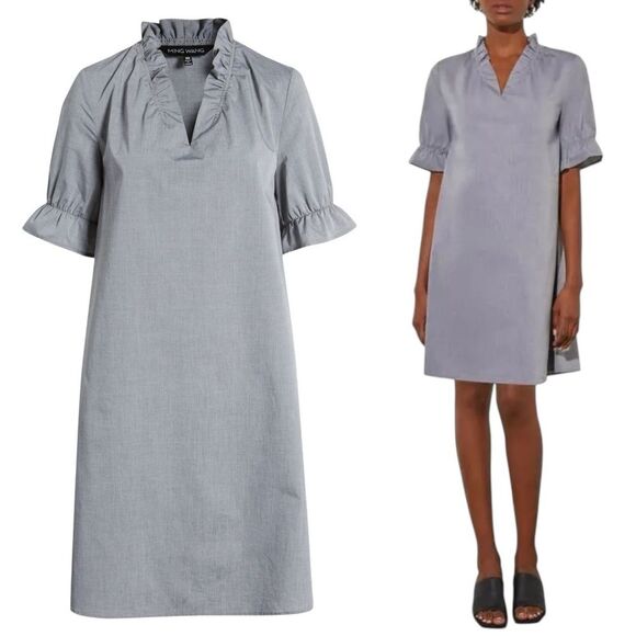 Ming Wang Cotton Shift Dress Size Small Ruffle Sleeve Gray V-Neck Poplin Unlined - Picture 1 of 12